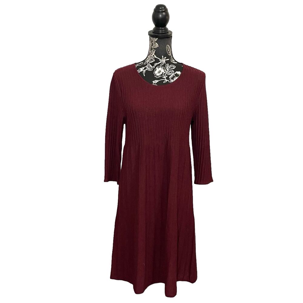 Eileen Fisher Sweater Dress Washable Wool Knit Scoop Neck Maroon Red Small